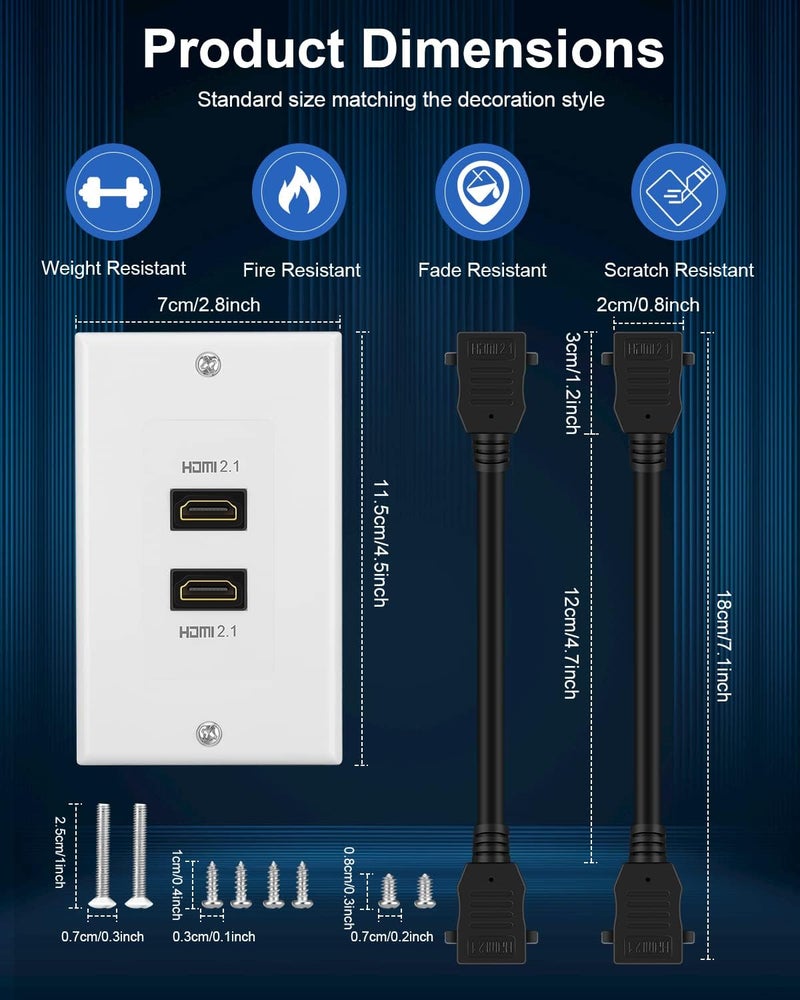 ELECTOP HDMI 2.1 Wall Plate(2 Port), 8K HDMI Wall Outlet Pass Through, Supports 8K@60Hz and 4K@120Hz, 3D, HDR, 48 Gbps, Fits Home Theater Systems - Image 5